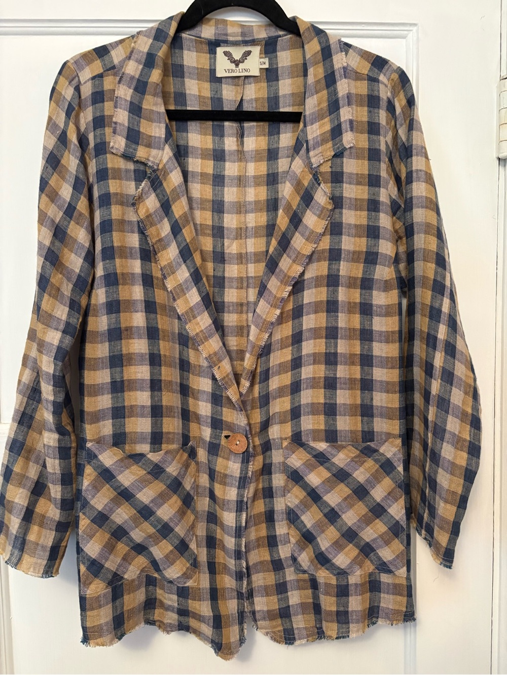 Vero Lino Linen Plaid Single-Button Blazer Raw Edge S/M